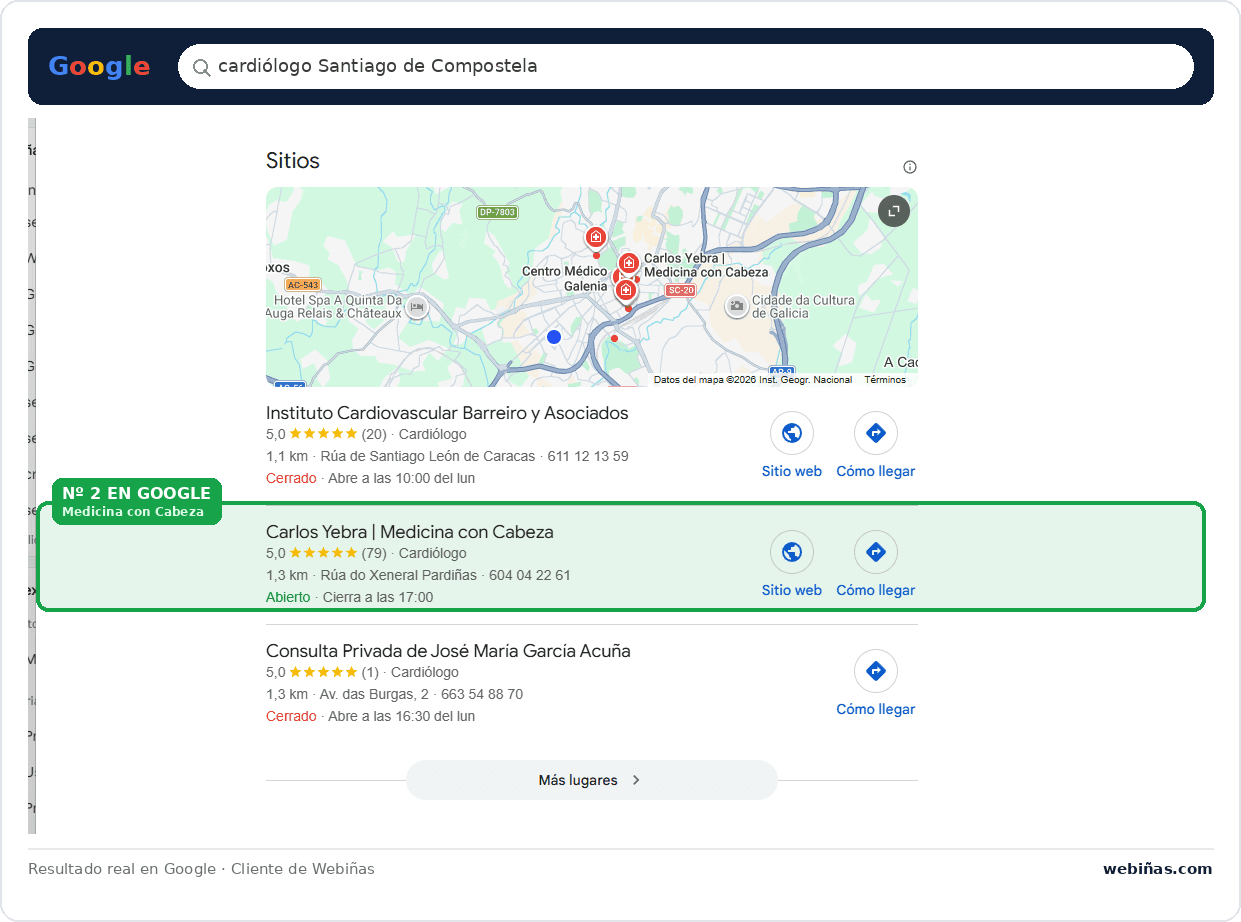Captura del proyecto Medicina con Cabeza en los resultados locales de Google