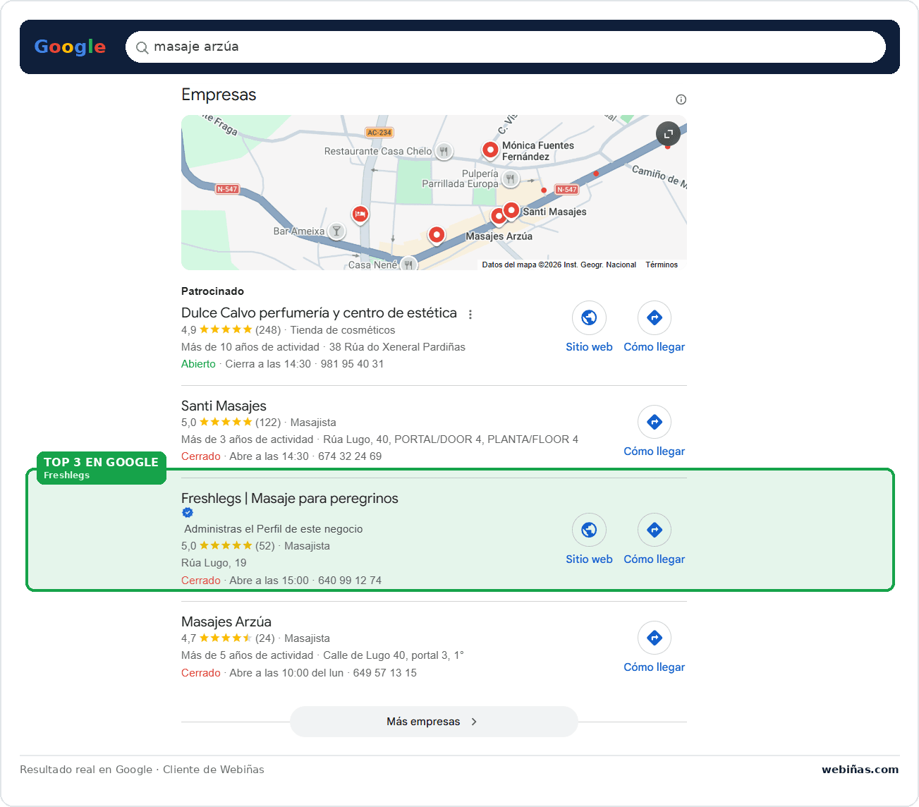 Captura del proyecto Freshlegs en los resultados locales de Google para masaje en Arzúa